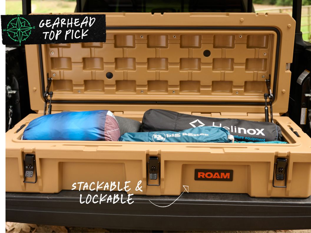 A yellow box full of camp gear. Text overlay reads: Gearhead Top Pick, stackable & lockable.